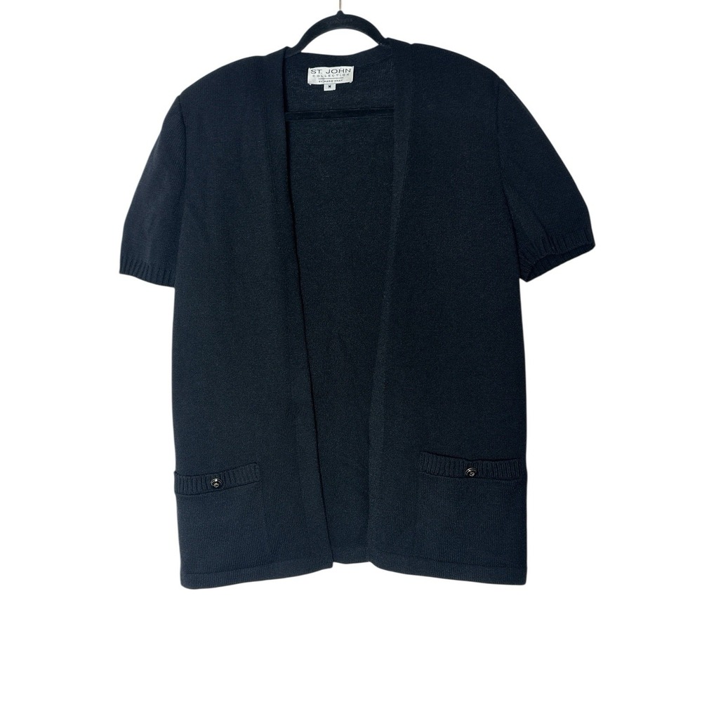 St. John By Marie Gray Cardigan Sweater Women's Medium Black‎ Short Sleeve Knit